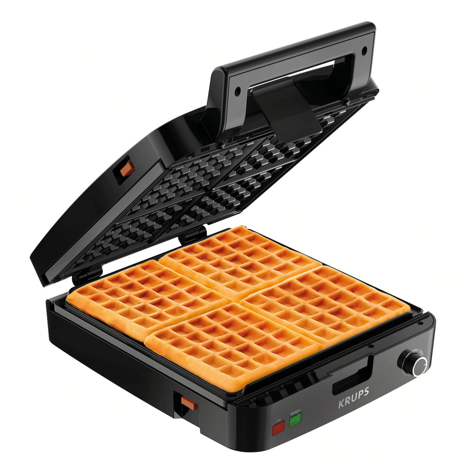 KRUPS four-slice belgian waffle maker, closed lid, showcasing compact stainless steel design for easy storage.