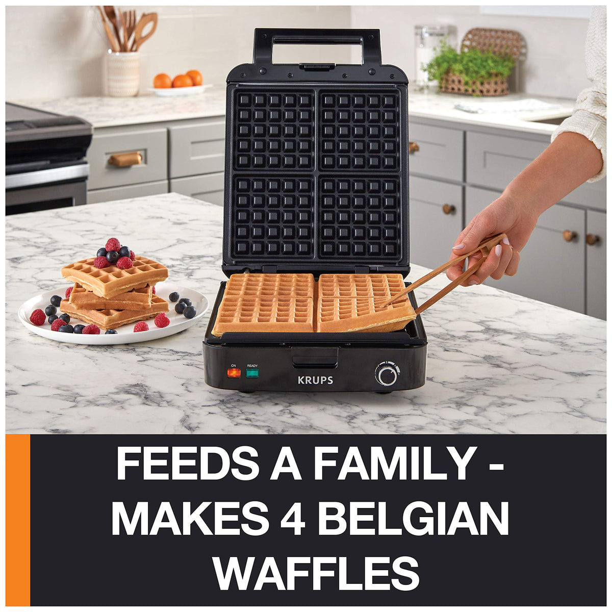 KRUPS four-slice belgian waffle maker, open, ready to pour batter for quick family breakfasts.
