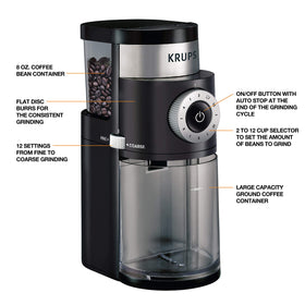 KRUPS Precision Burr Grinder dial settings highlighted for precise grind size control