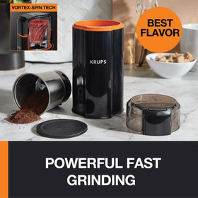 KRUPS Silent Vortex grinder with dishwasher-safe bowl eases cleanup after spices.
