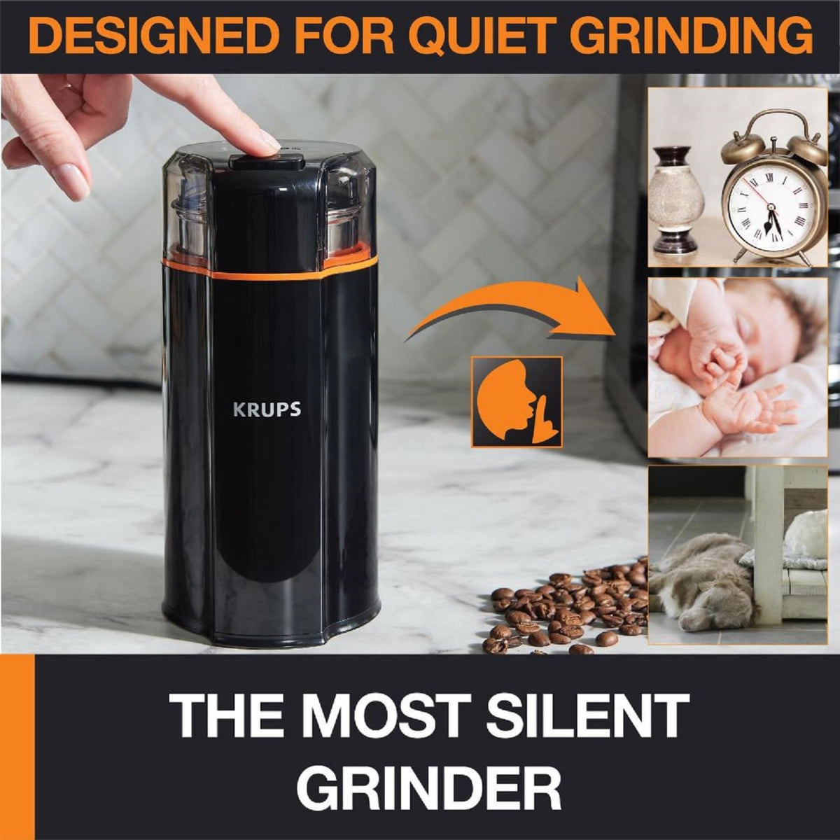 KRUPS Silent Vortex with oval design delivers consistent grounds.