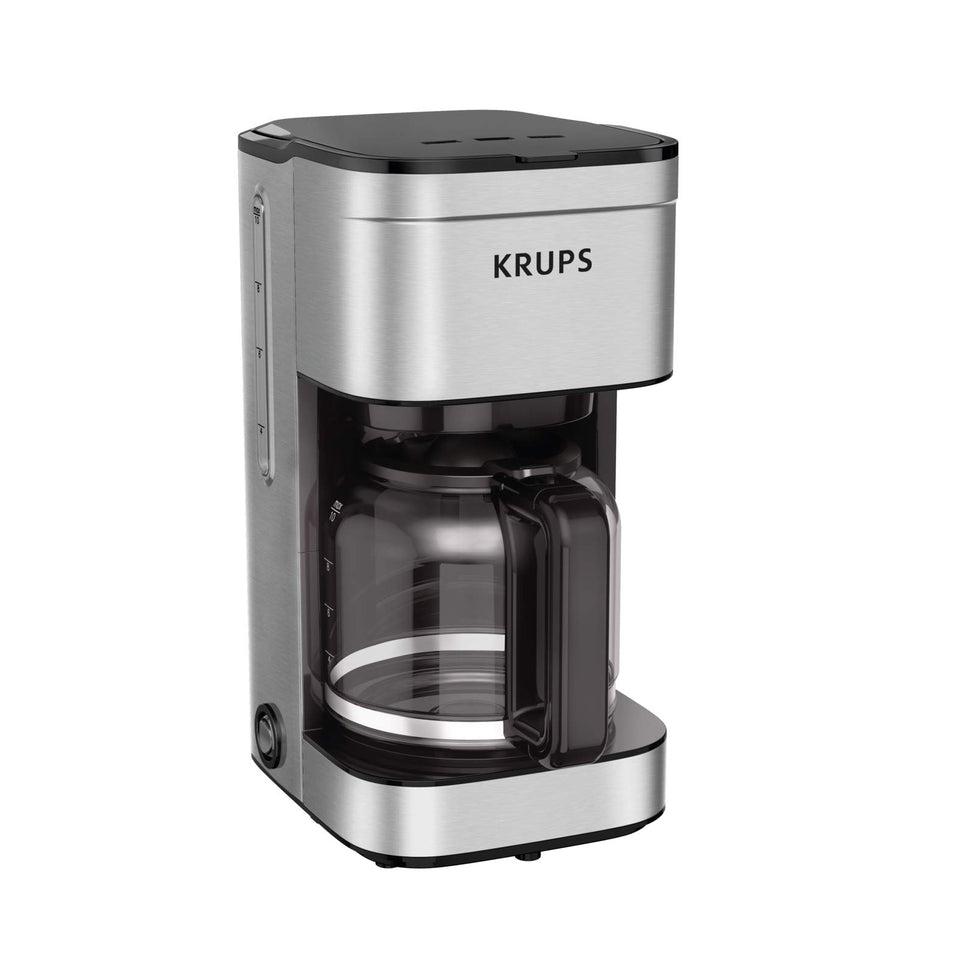 KRUPS Simply Brew 10-cup front view shows stainless steel finish and easy-programmable settings for busy mornings