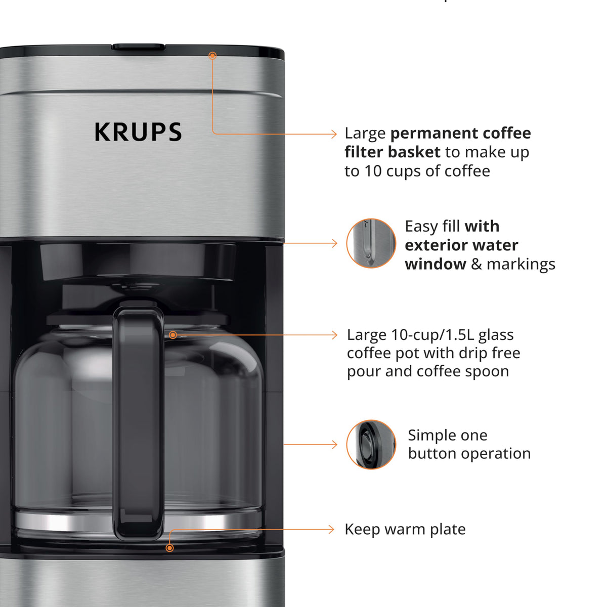 KRUPS Simply Brew water-reservoir highlights easy filling for larger batches