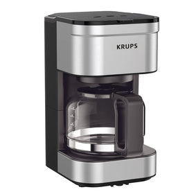 KRUPS Simply Brew Compact 5-Cup coffee maker front view highlights space-saving, stylish stainless steel design.