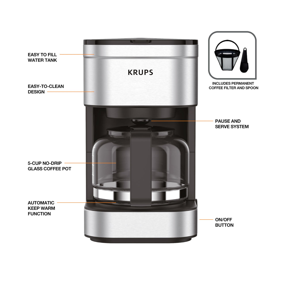 KRUPS Simply Brew carafe and filter are dishwasher-safe for easy cleanup.