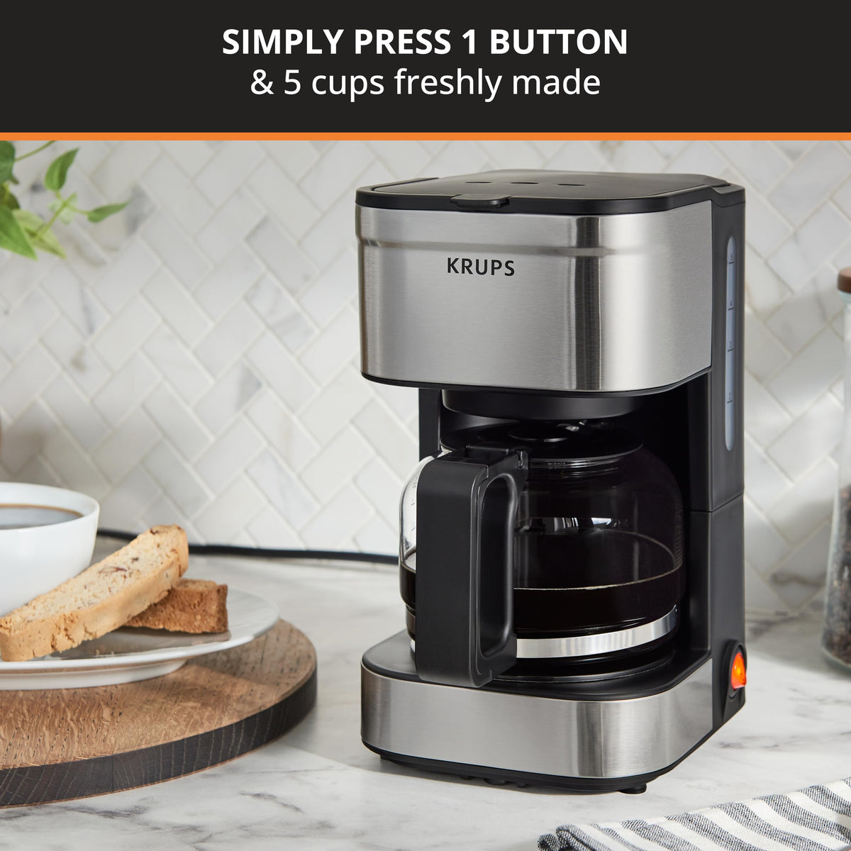 KRUPS Simply Brew compact drip-free spout ensures mess-free pouring and clean counters.