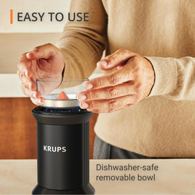 KRUPS stainless steel blades deliver fast, even grinding for espresso or drip brews.