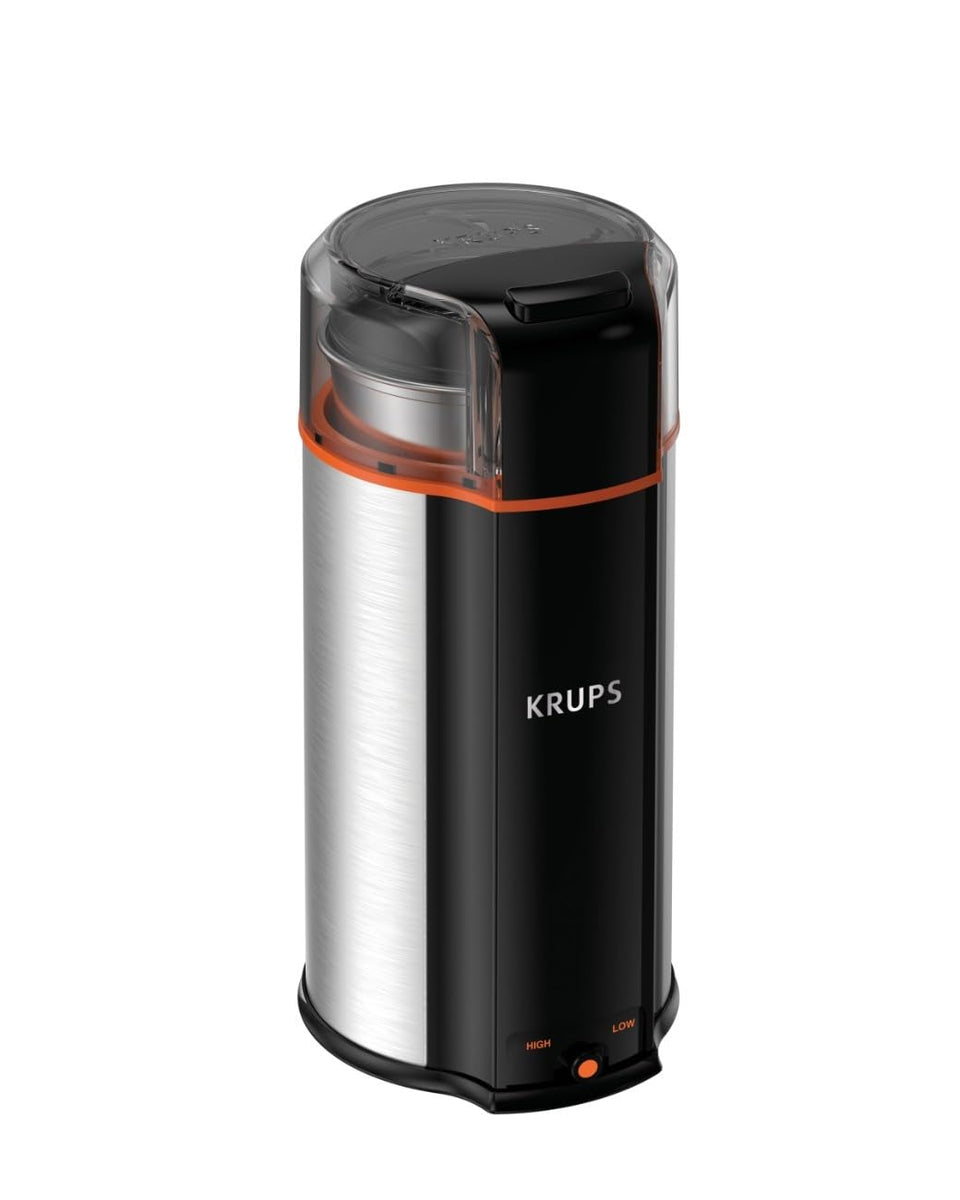 KRUPS Ultimate Silent Vortex grinder with clear bowl for quick, mess-free grinding.