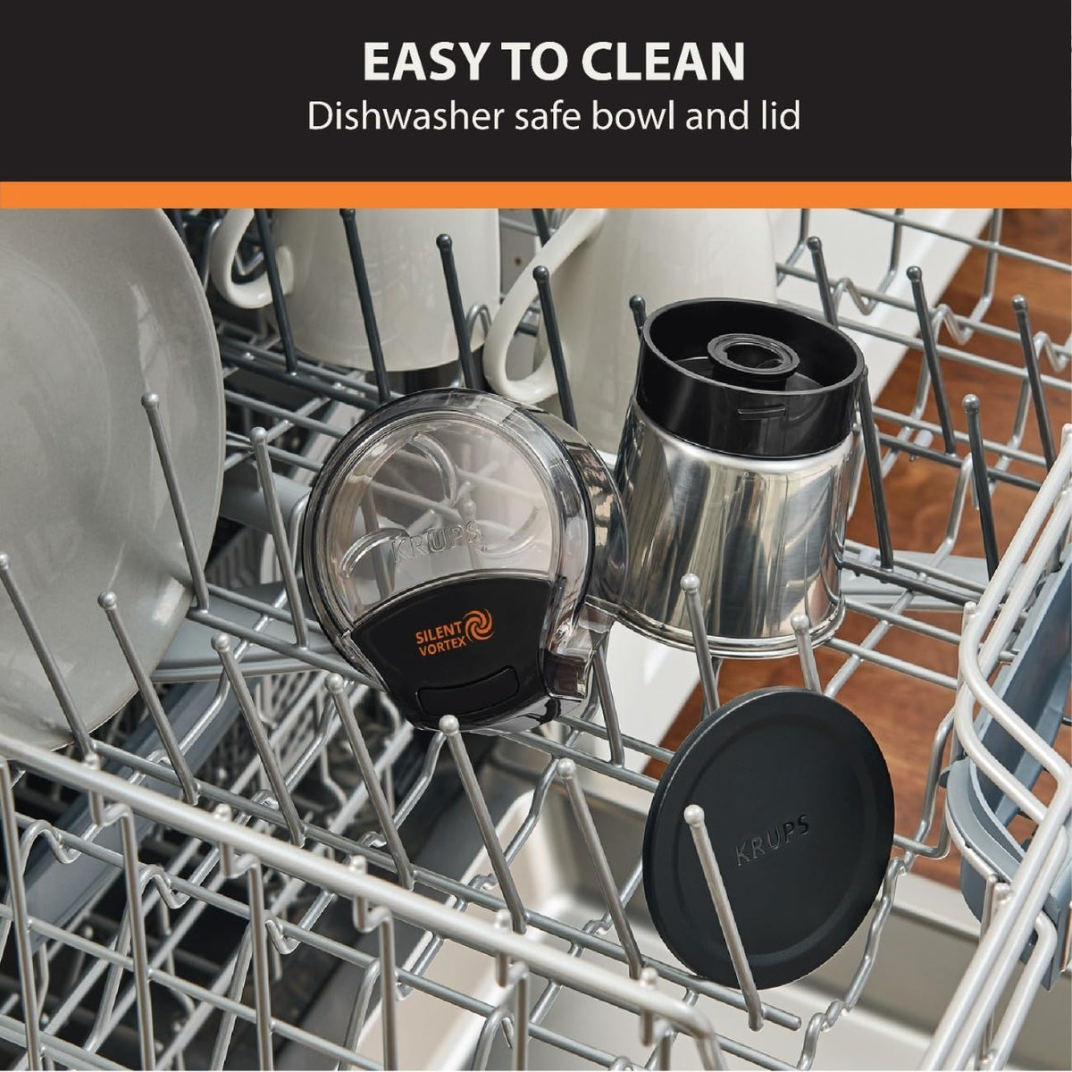 Sleek silver KRUPS grinder design suitable for compact kitchens and small spaces.