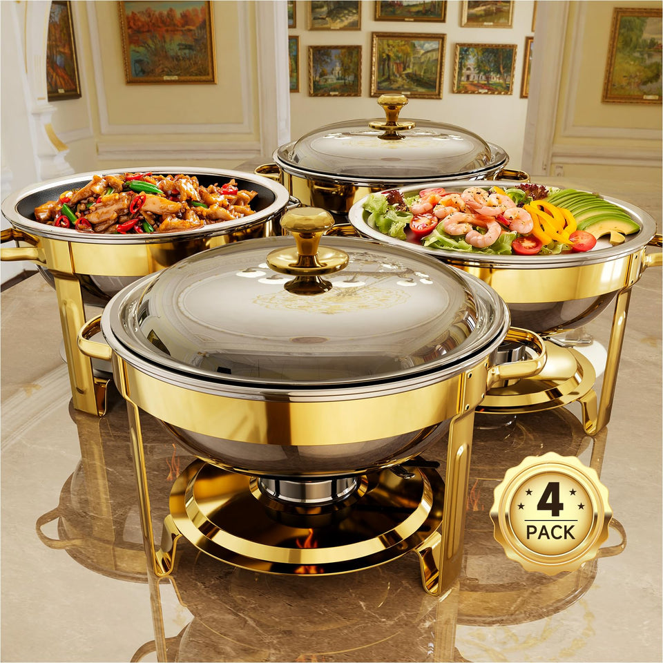 KScocina golden 4-pack chafing dish set with lid and stand for buffet service.
