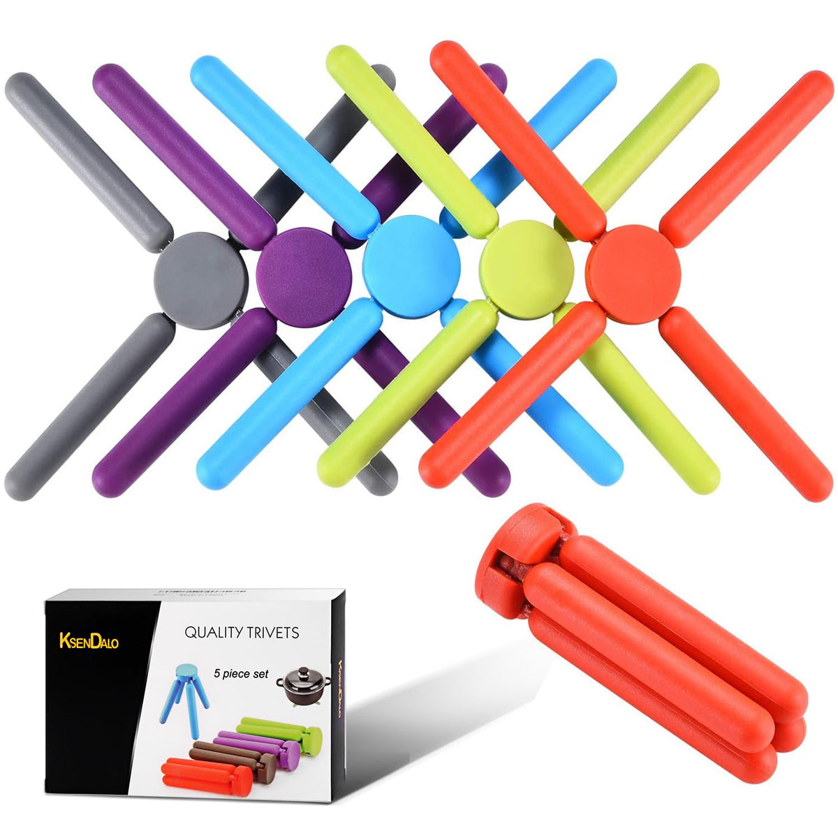 KSENDALO 5-pack thick silicone trivets folded for compact storage