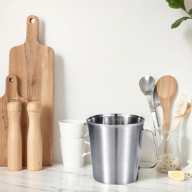KSENDALO stainless steel pitcher engraved markings provide precise oz and ml readings for reliable recipes.