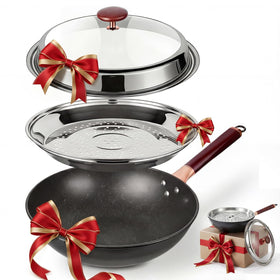 Kseroo 13 inch carbon steel wok with lid top view, ideal for family meals
