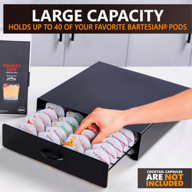 Open-front slide-out drawer shows fast pod retrieval during home gatherings.