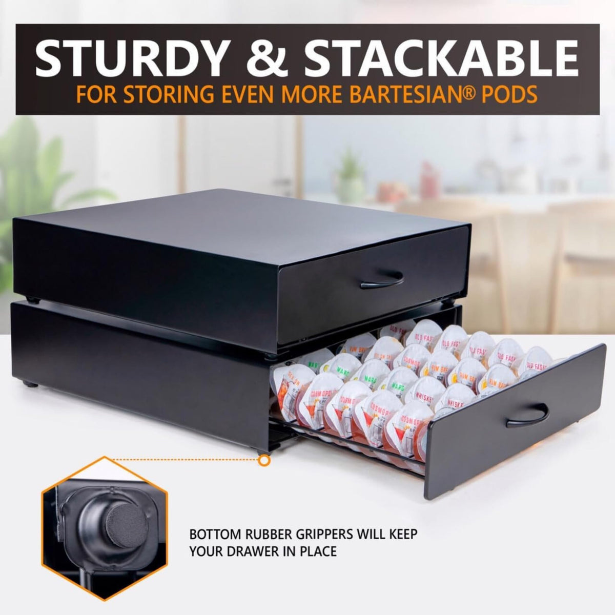 Powder-coated steel frame with anti-slip feet ensures durable, stable storage.