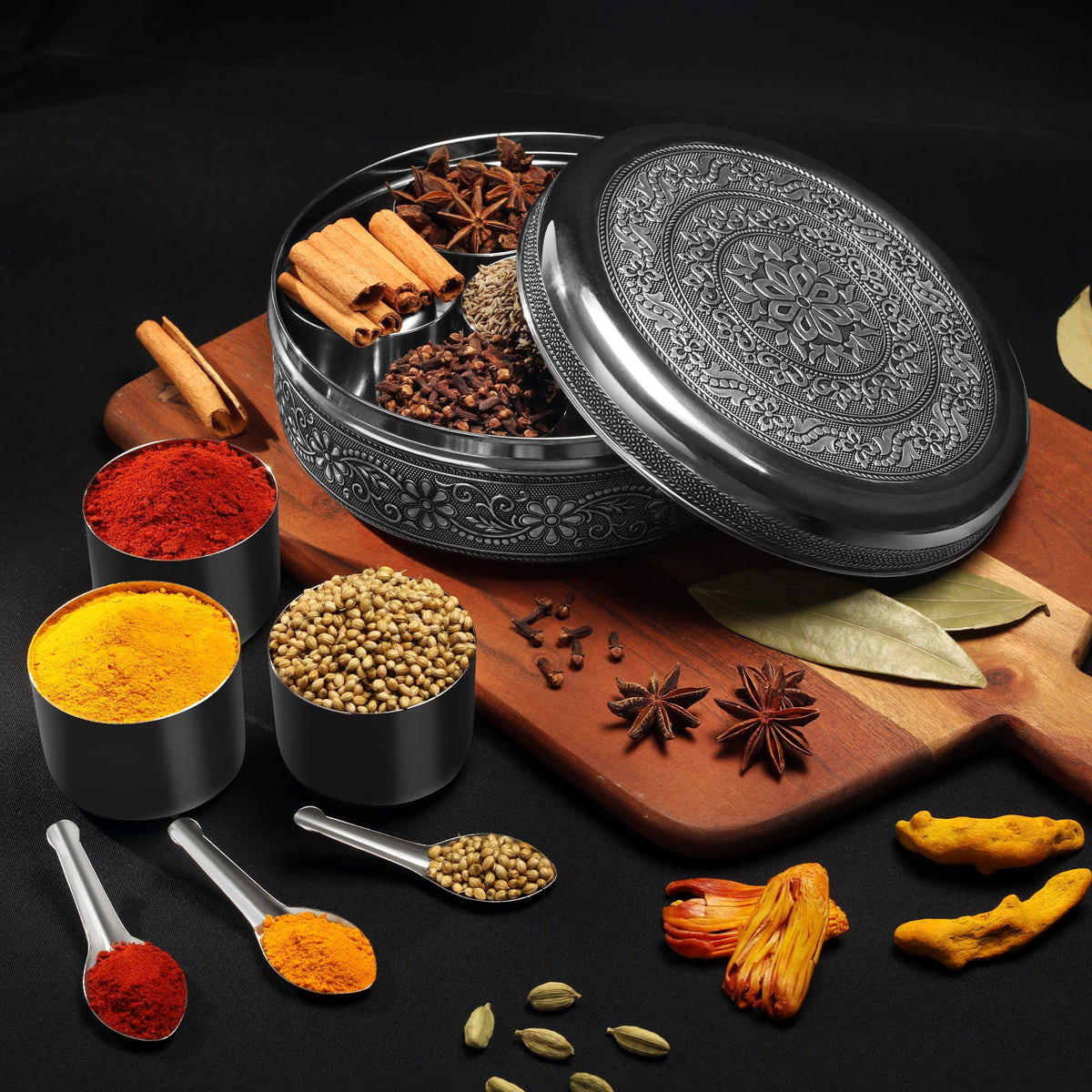 KSJONE Indian masala dabba sits proudly on the counter for daily use.
