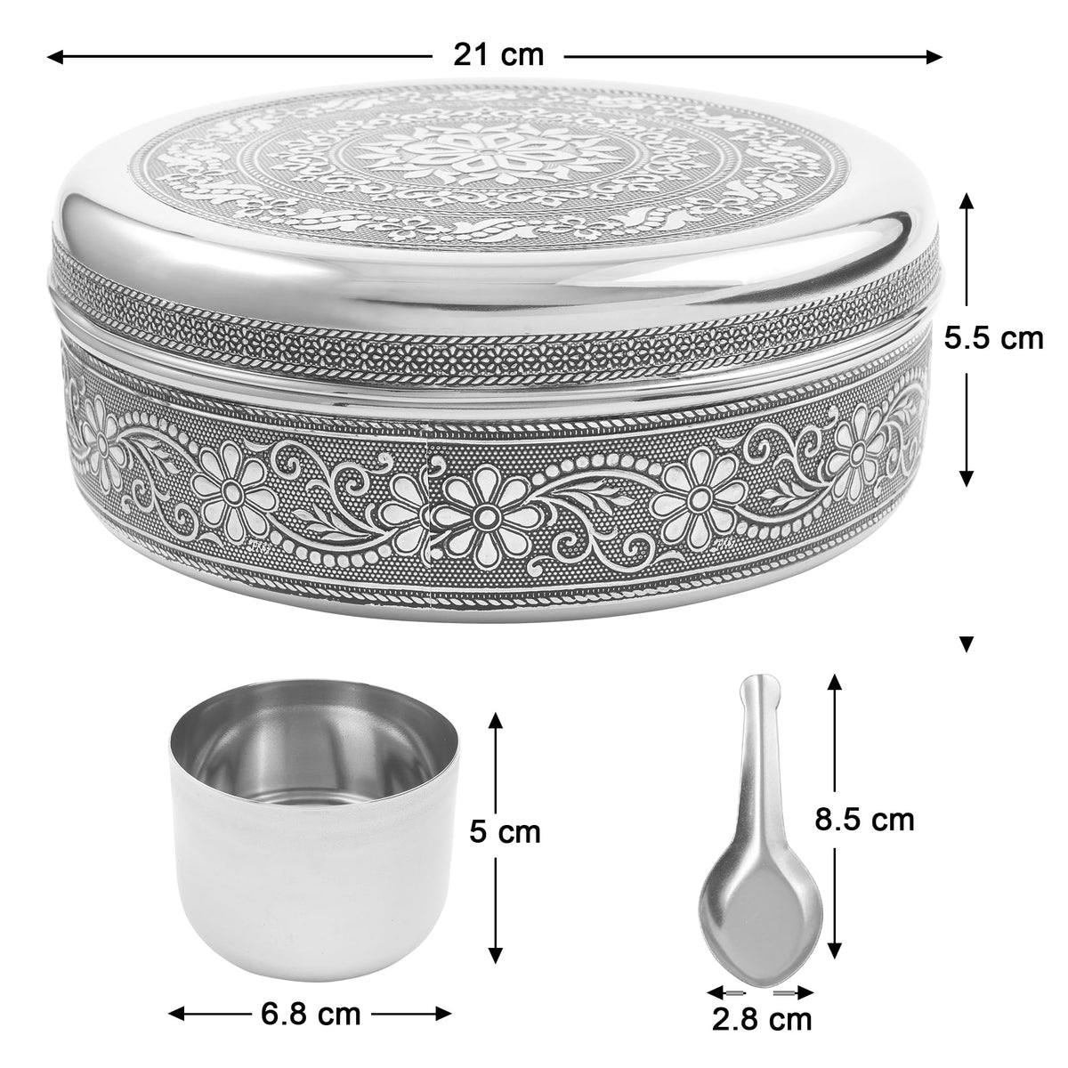 KSJONE spice dabba lid with seven spoons keeps spices easily accessible.