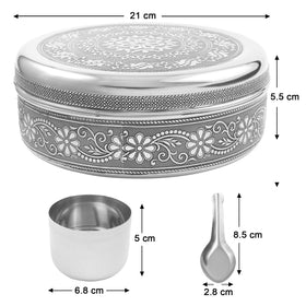KSJONE spice dabba lid with seven spoons keeps spices easily accessible.