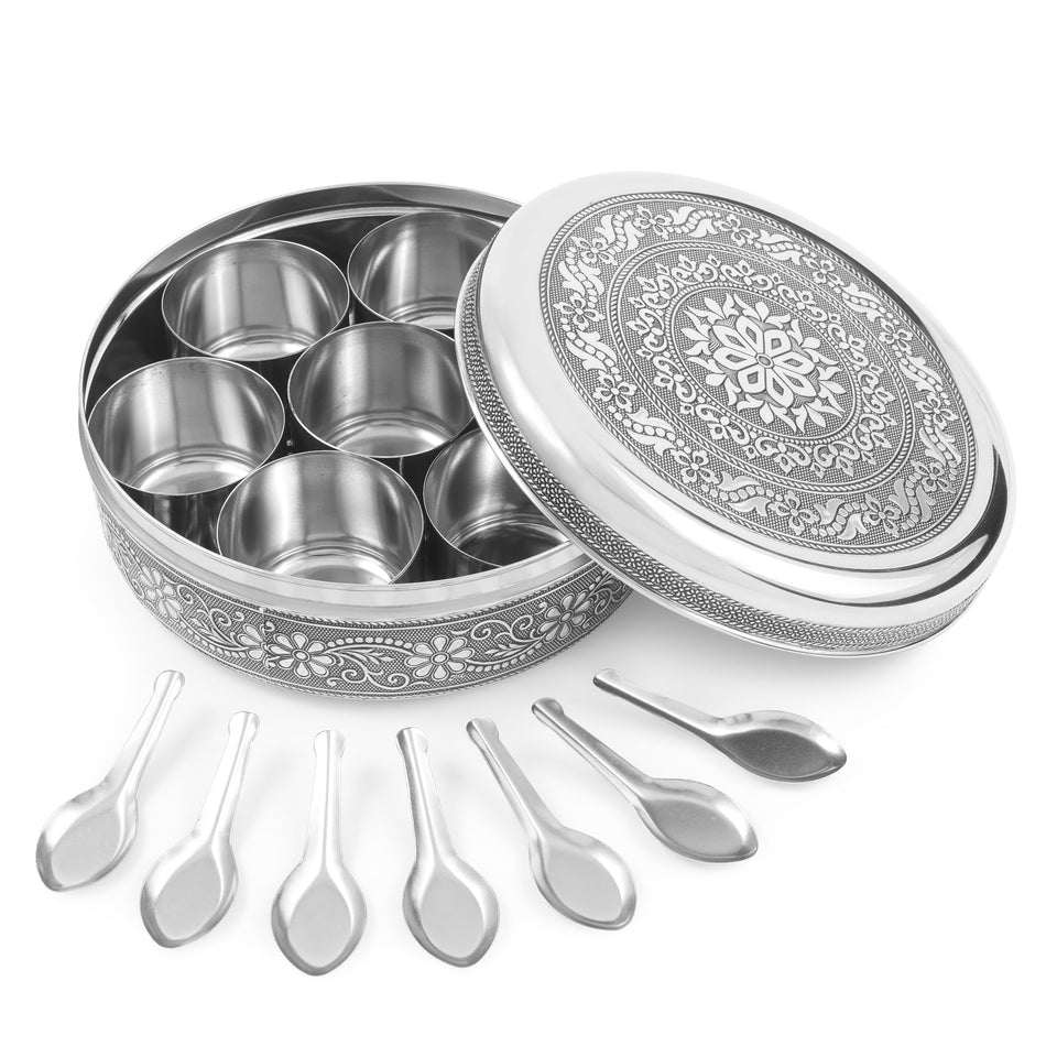 KSJONE spice dabba with seven jars for organized cooking and quick access.