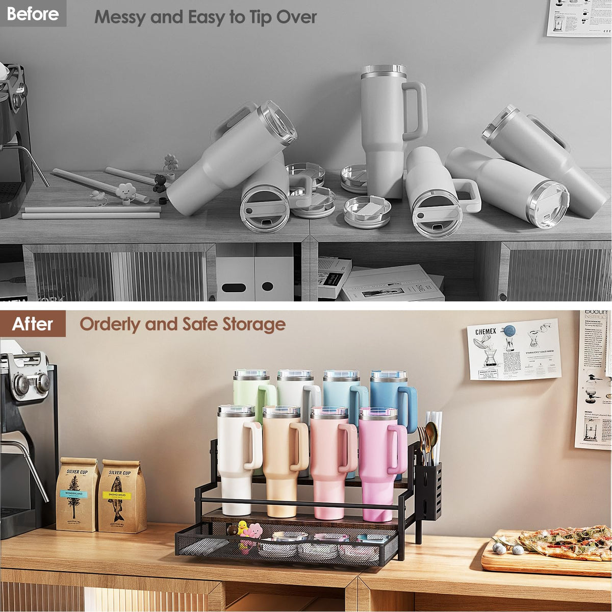 Kssiaz pull-out basket stores lids and straws for quick prep
