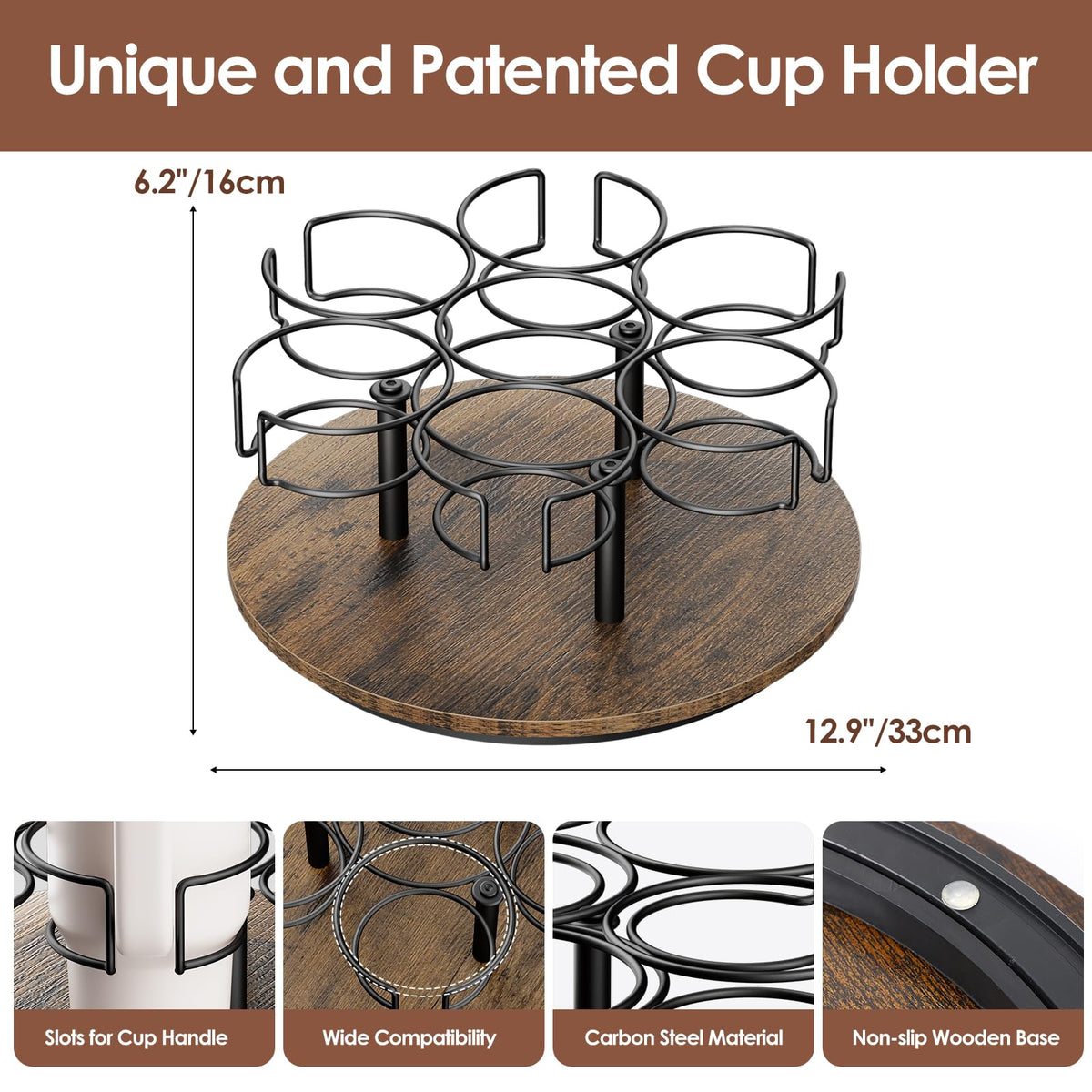 Kssiaz sturdy carbon steel cup holder and wooden base support