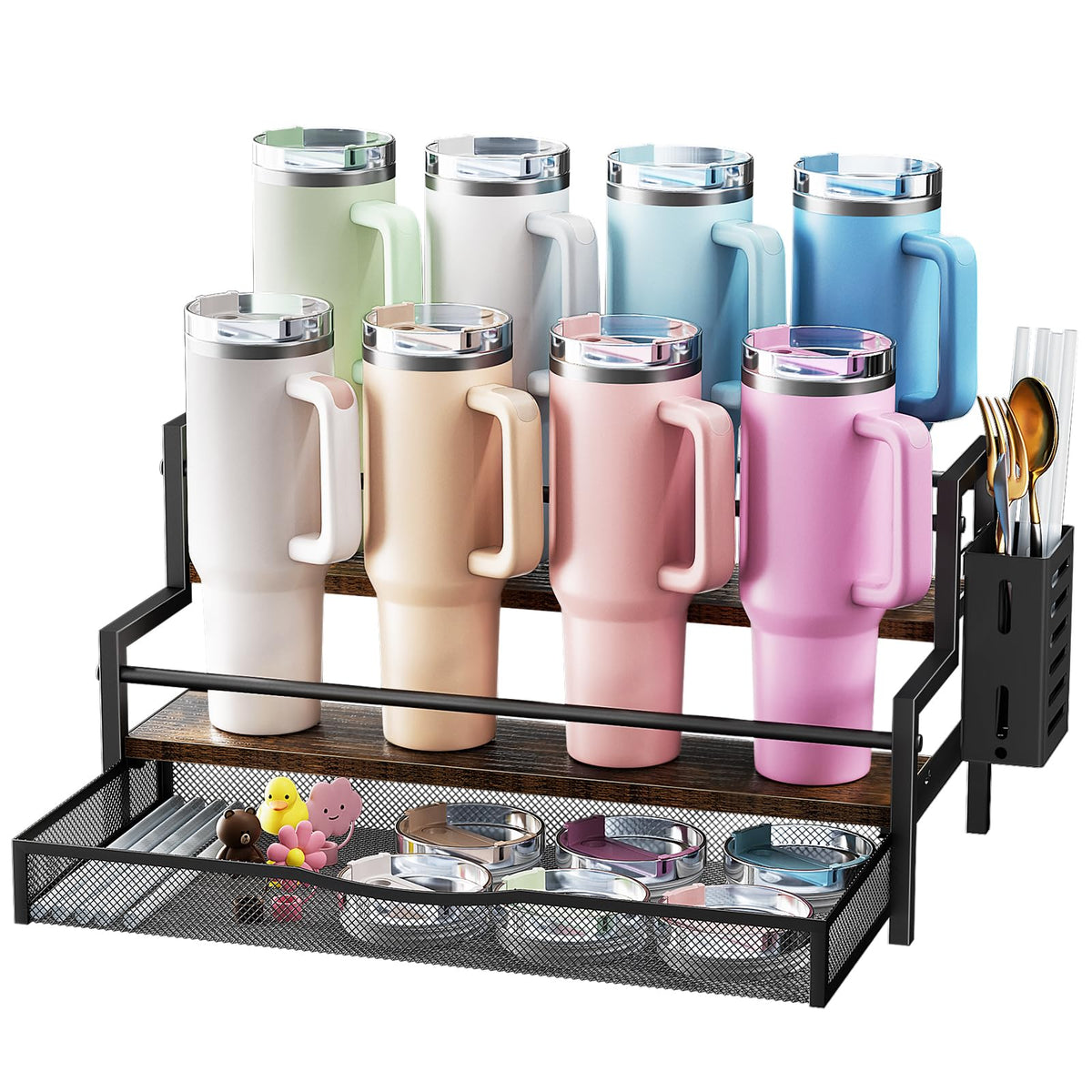 Kssiaz water bottle organizer with a full Stanley 40oz setup for neat cup storage
