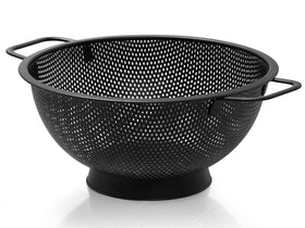 Kteniy black colander full view highlights sturdy 3qt capacity for versatile kitchen tasks like washing pasta and vegetables