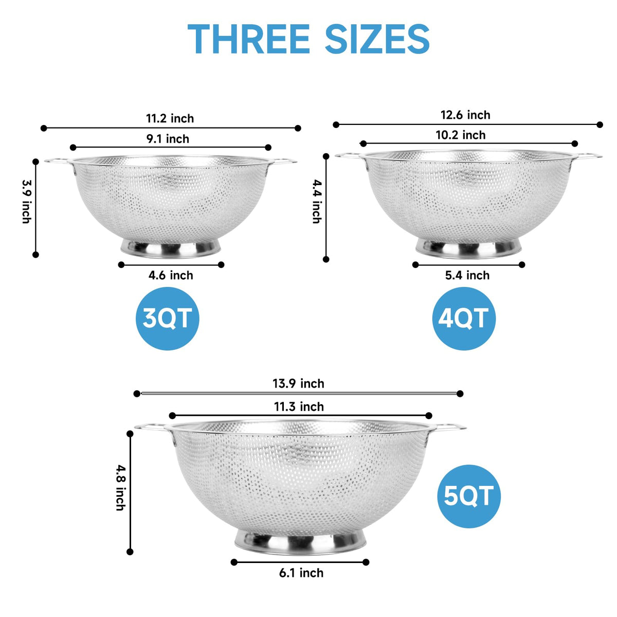 Kteniy Colander 3qt with fully perforated mesh for fast drainage.