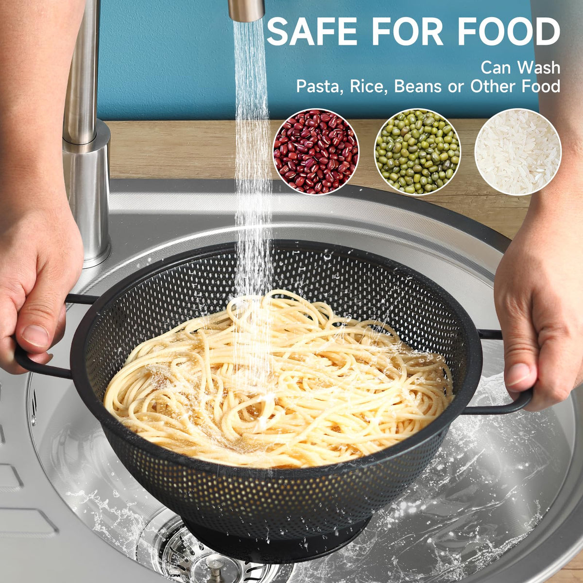 Kteniy footed design colander demonstrates stable draining without tipping