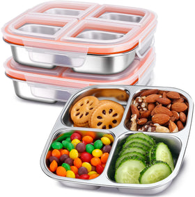 KTKUDY 3-pack stainless steel snack containers with four compartments for organized lunches