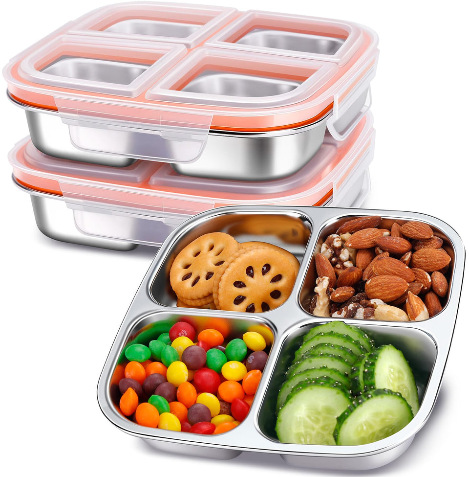 KTKUDY 3-pack stainless steel snack containers with four compartments for organized lunches
