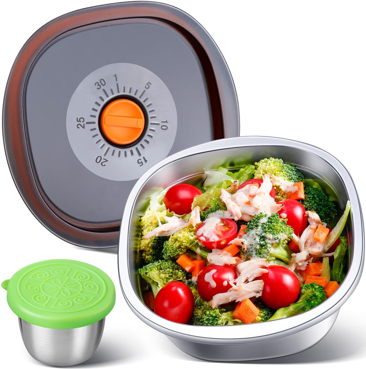 KTKUDY stainless salad bowl with dressing cup keeps meals fresh on the go.