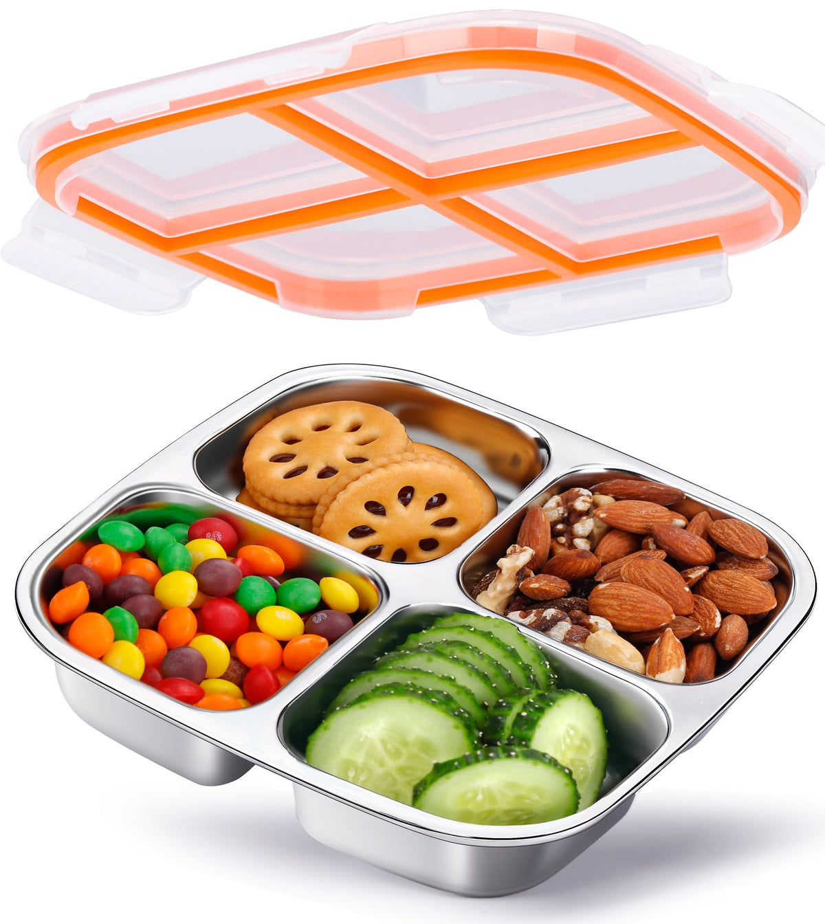 KTKUDY stainless steel snack container with four compartments for organized snacking.