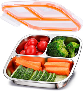 KTKUDY stainless steel snack container with a 3-compartment design for organized, on-the-go lunches.