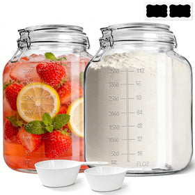 KTMAMA 1.1 gallon wide-mouth glass canister with airtight lid, keeps flour fresh.