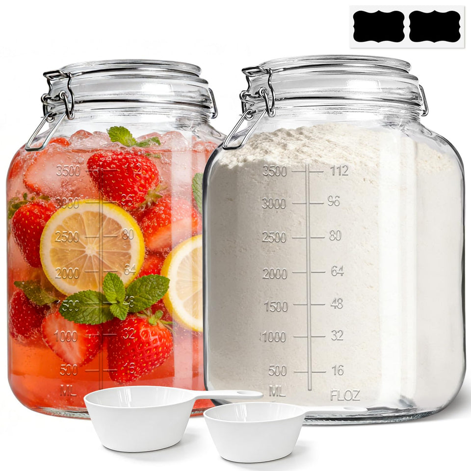 KTMAMA 1.1 gallon wide-mouth glass canister with airtight lid, keeps flour fresh.