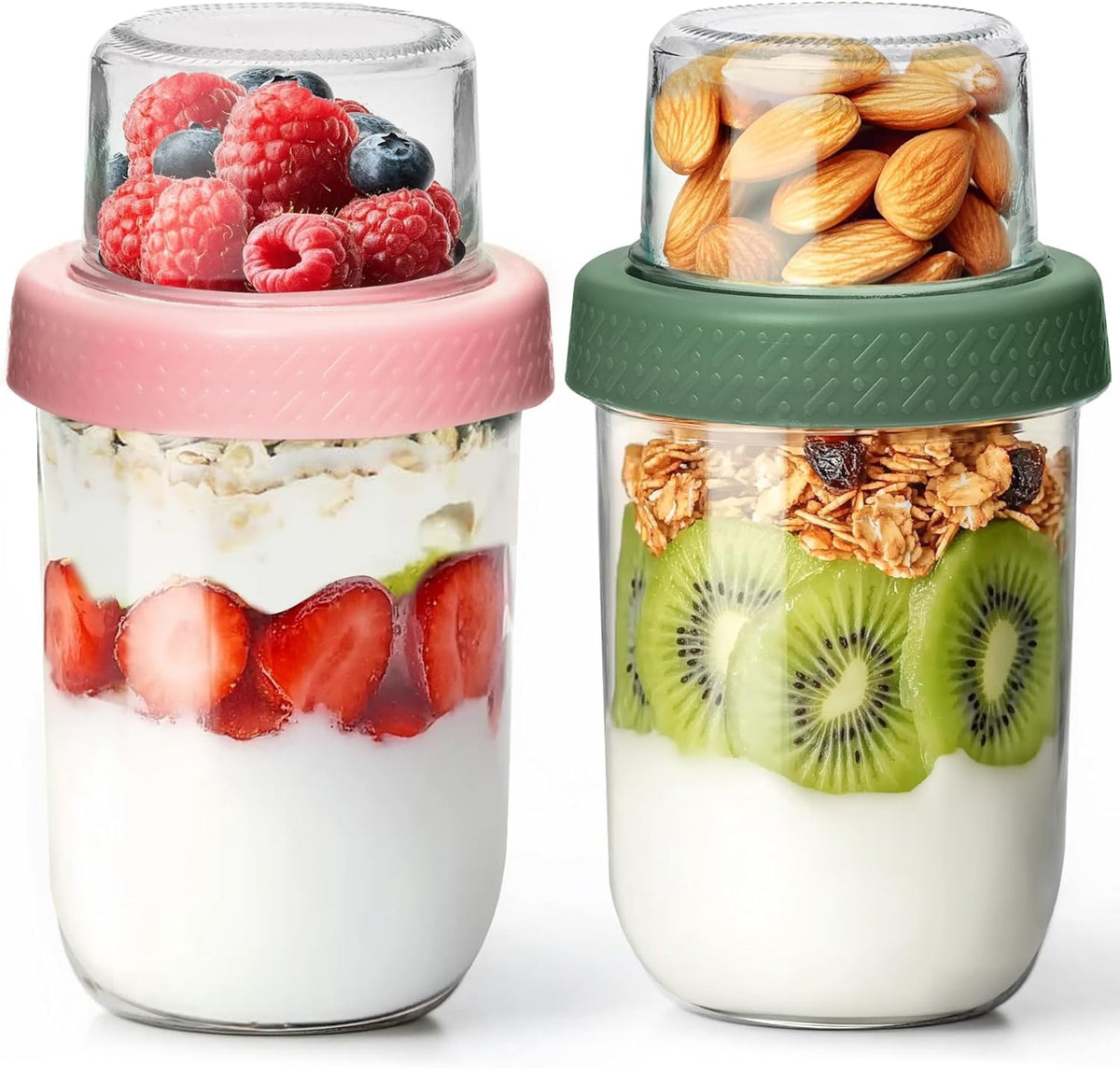 KTMAMA 16oz glass yogurt parfait cup with lid showing dry-wet compartments for crisp toppings