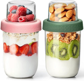 KTMAMA 16oz glass yogurt parfait cup with lid showing dry-wet compartments for crisp toppings