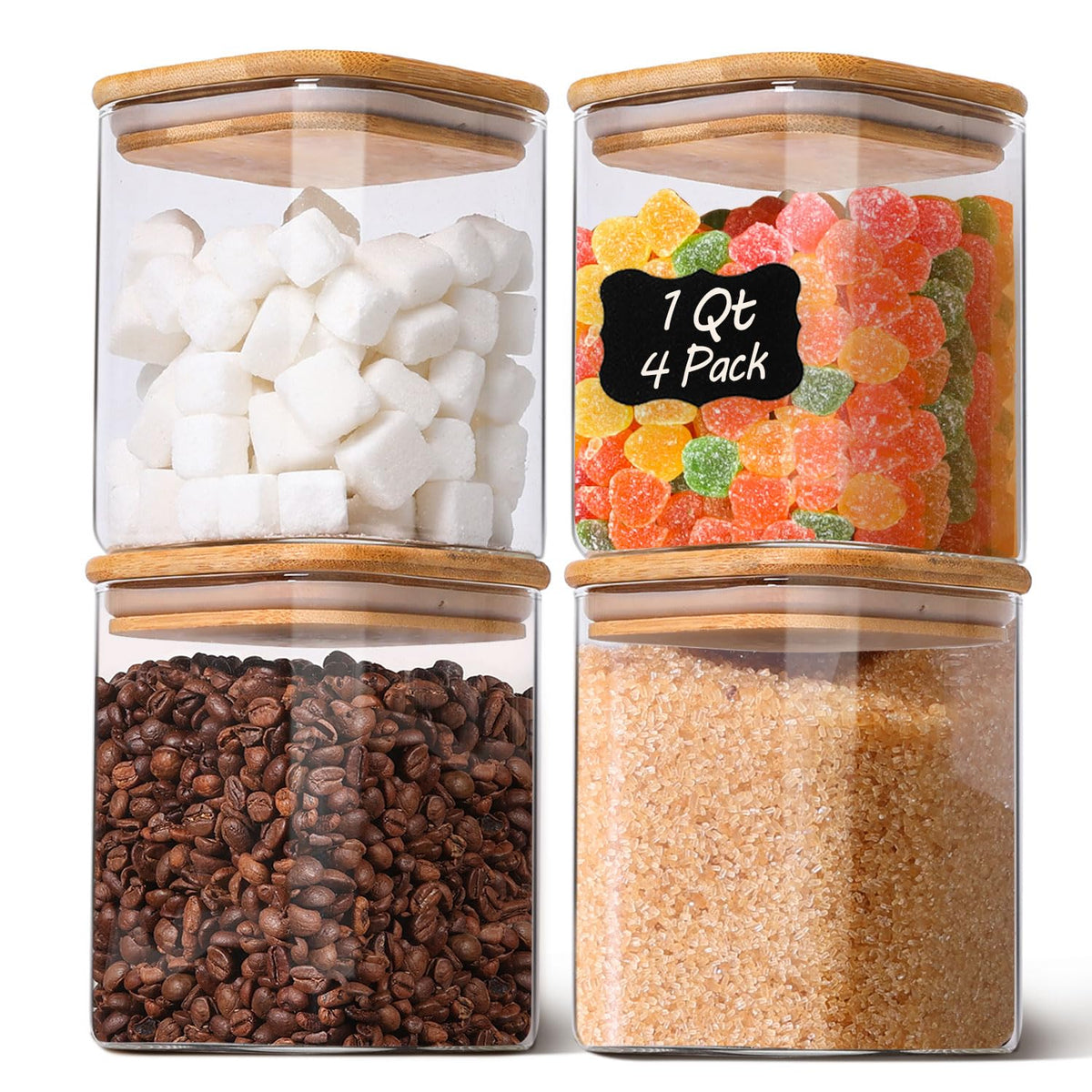 KTMAMA 1Qt airtight glass canisters with square lids for clear kitchen organization
