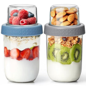 KTMAMA glass yogurt parfait cups with lids, compact for on-the-go meals.