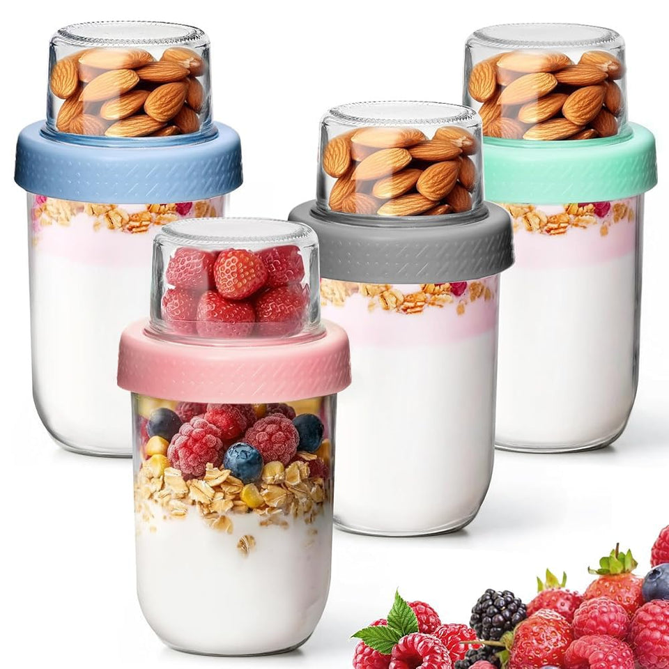 KTMAMA glass yogurt parfait cups with lids show dry and wet separation for topping freshness.