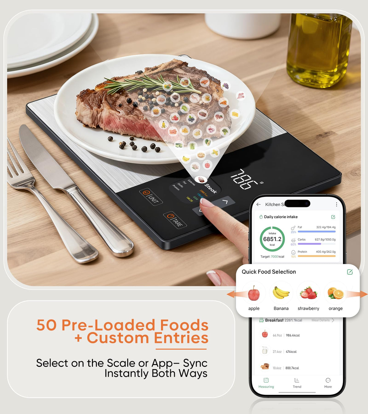 KUAIVO scale syncing with app for daily nutrition tracking and progress.