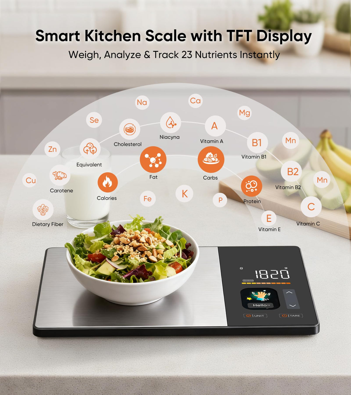 KUAIVO scale built-in foods and macros on color screen for quick meal planning.