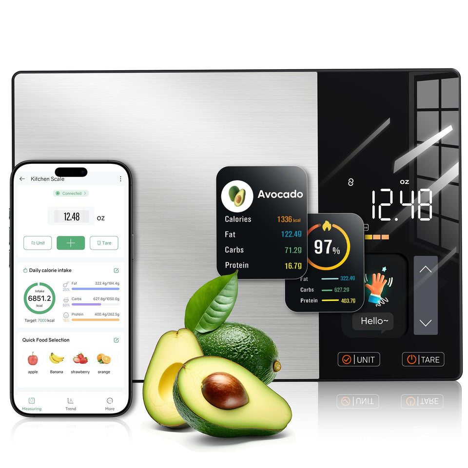 KUAIVO Smart Nutrition Scale with TFT display showing calories for accurate meal prep.