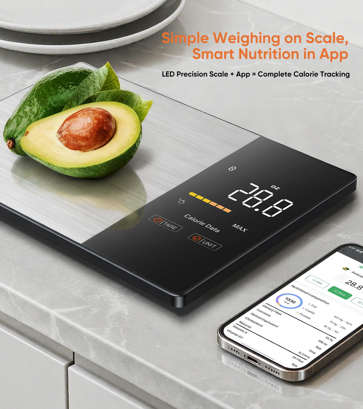 KUAIVO scale connected via Bluetooth to the app for detailed nutrition insights.
