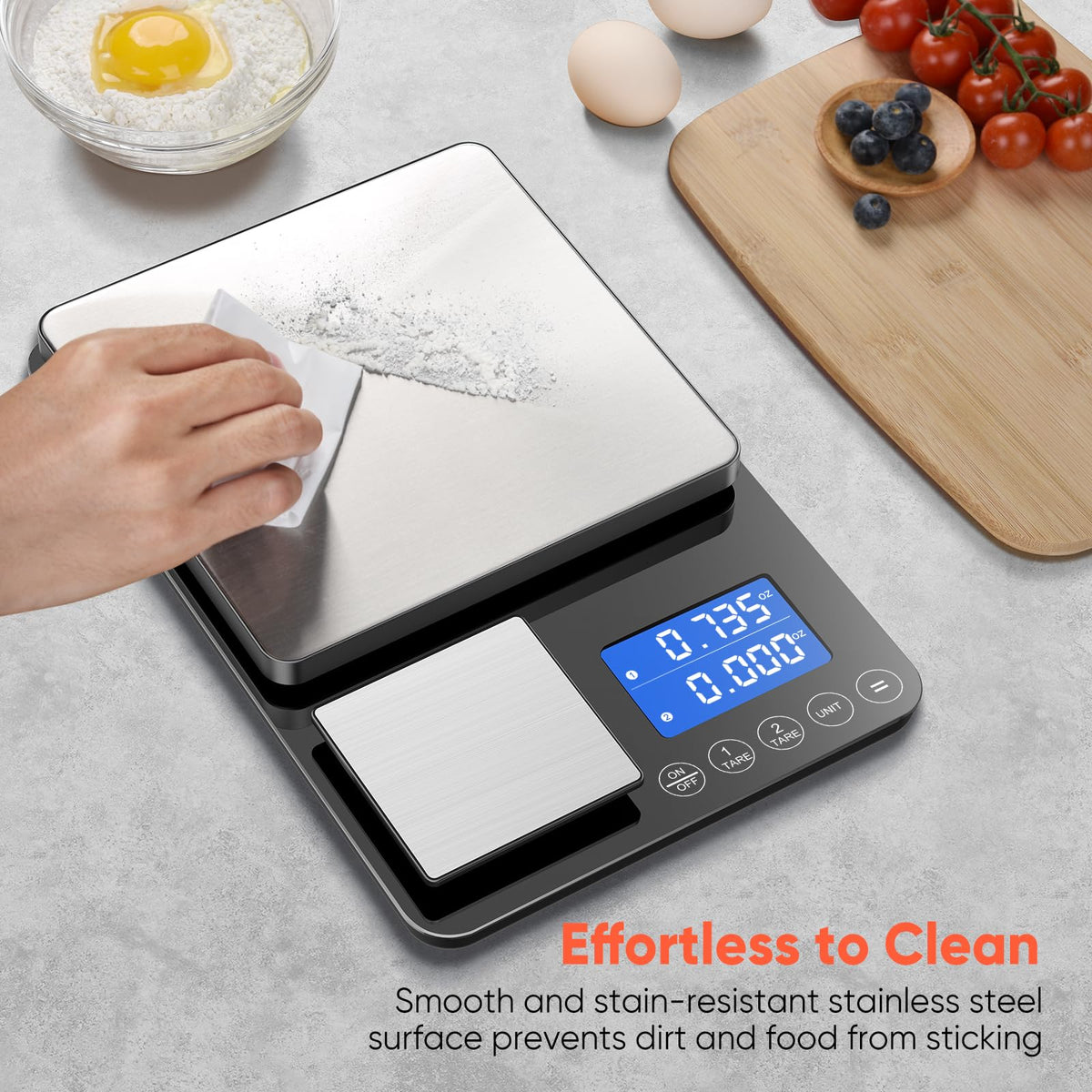 KUAIVO tare and accumulation features simplify multi-ingredient recipes.