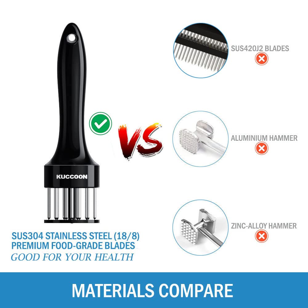 KUCCOON tenderizer with black plastic handle for comfortable grip.