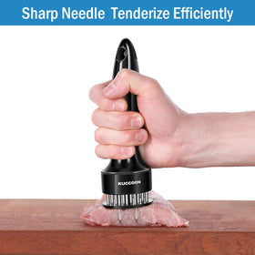 KUCCOON meat tenderizer in use on beef to illustrate penetration and marination potential.
