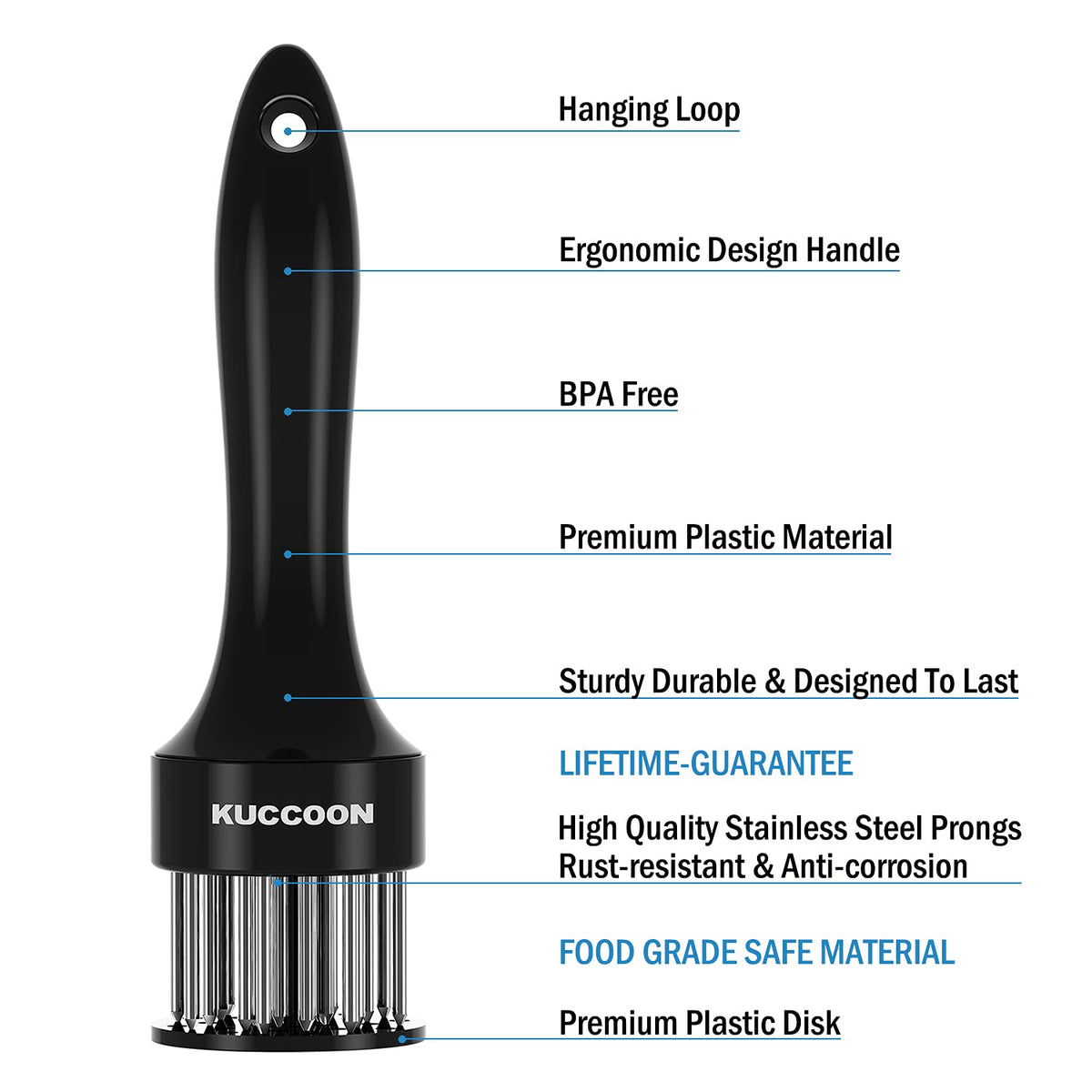 KUCCOON stainless steel needles on the tenderizer for durability and rust resistance.