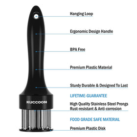 KUCCOON stainless steel needles on the tenderizer for durability and rust resistance.